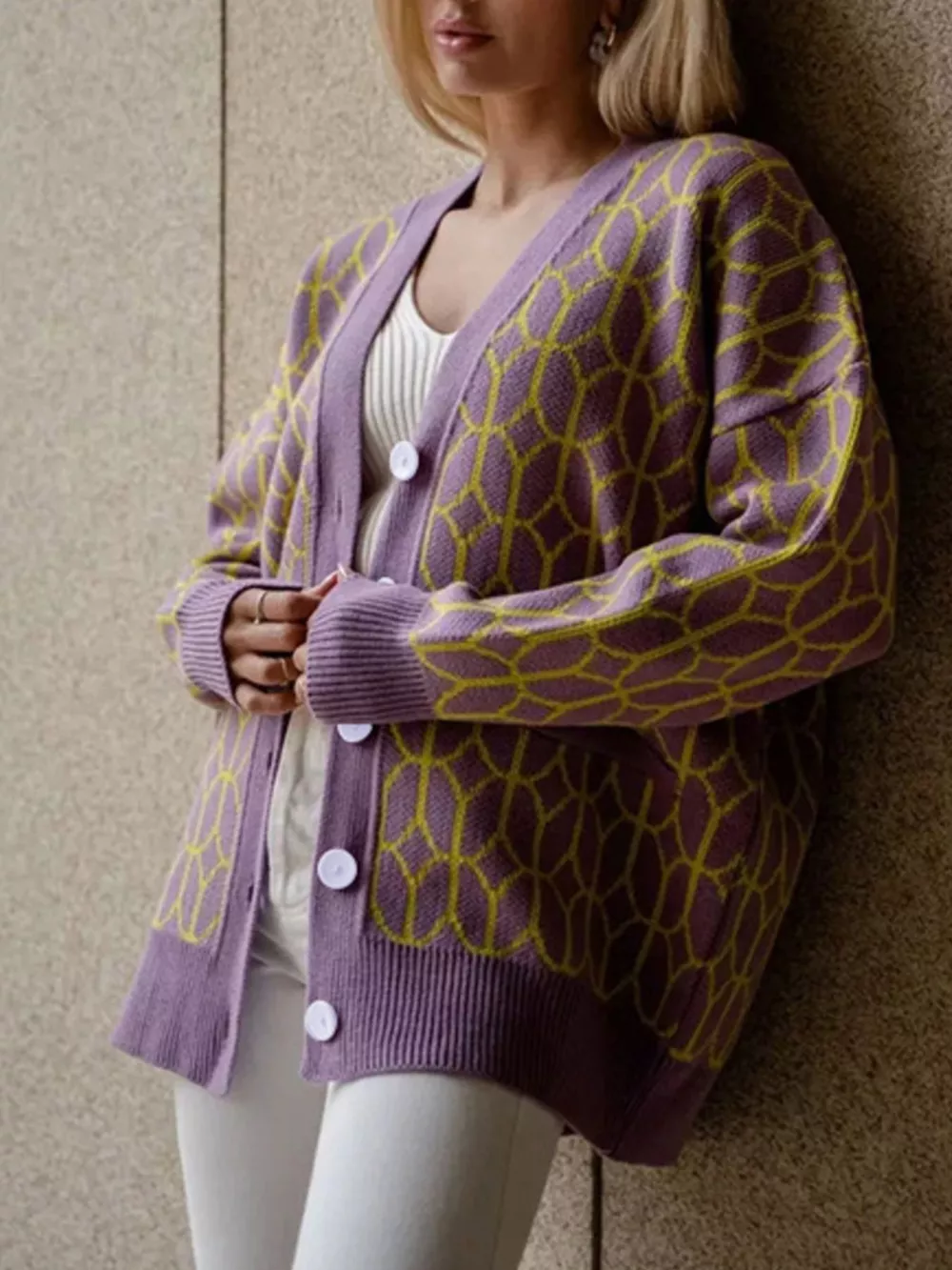 Geometric Patterned Button-Down Cardigan, image 4