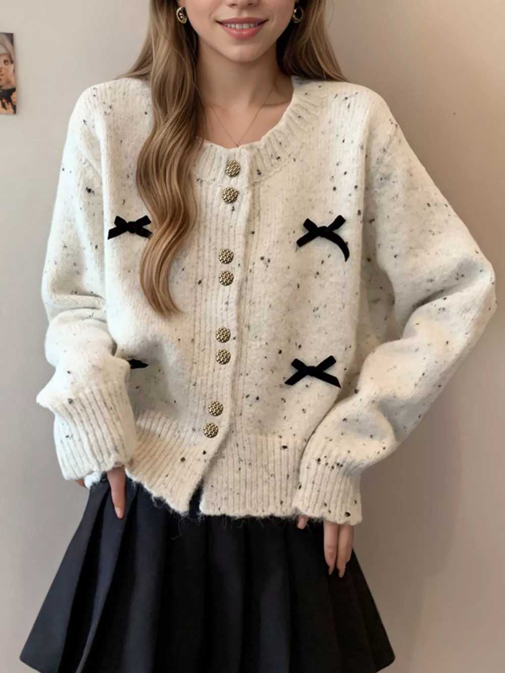 Bow Button Up Ribbed Hem Cardigan, image 2