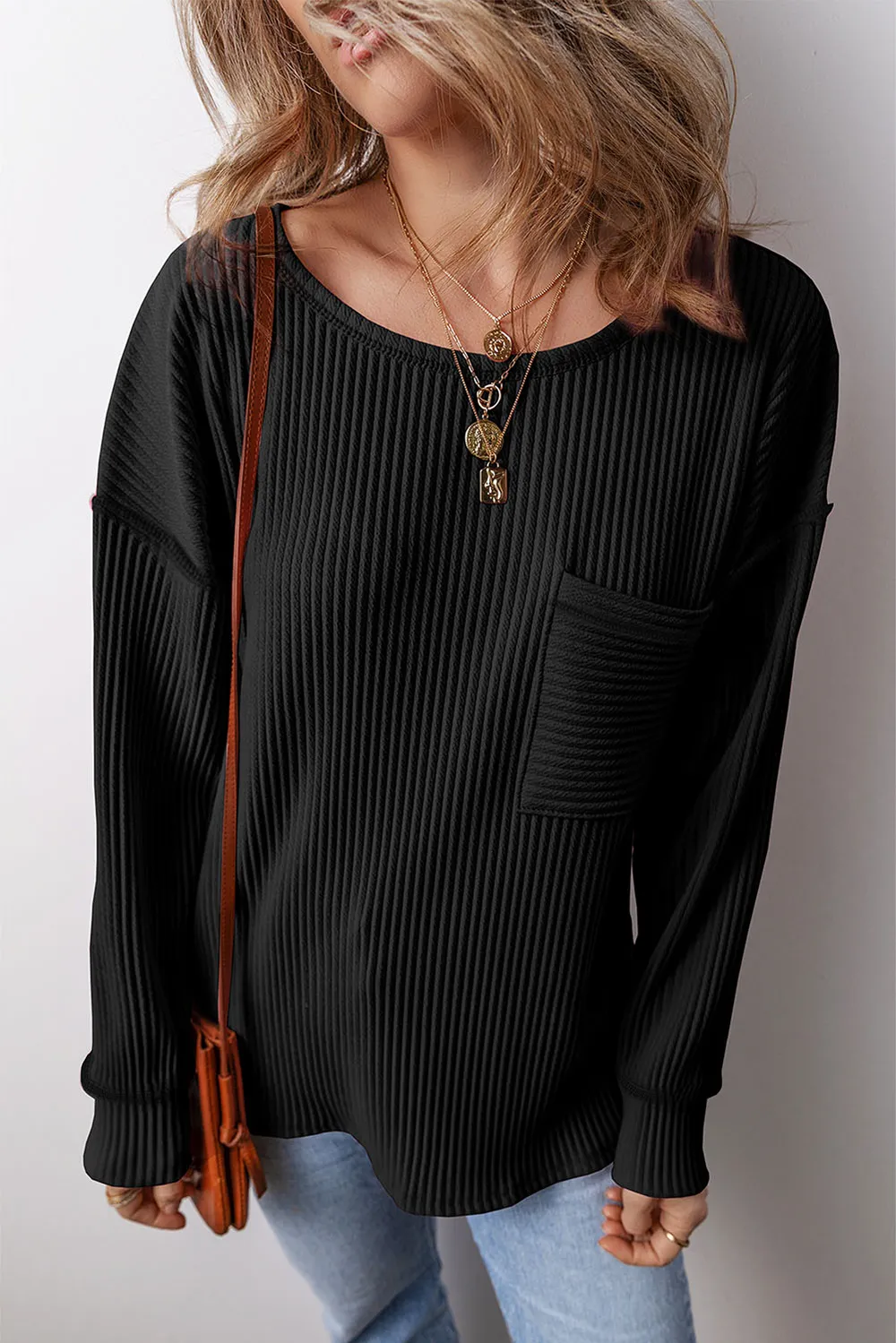 Pocketed Round Neck Long Sleeve Top, image 2