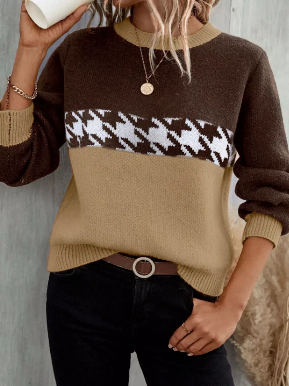 Houndstooth Pattern Color Block Sweater, image 6
