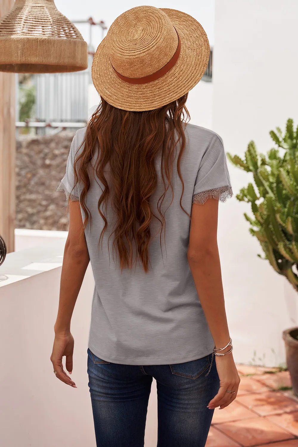 Lace Detail V-Neck T-Shirt, image 2