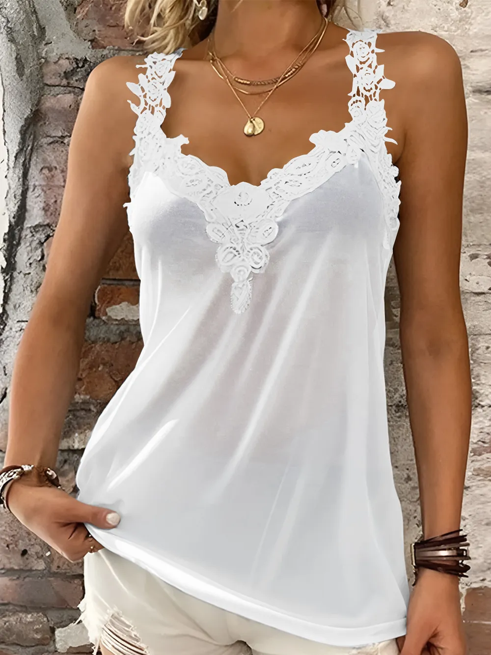 Full Size Lace Detail V-Neck Tank, image 2