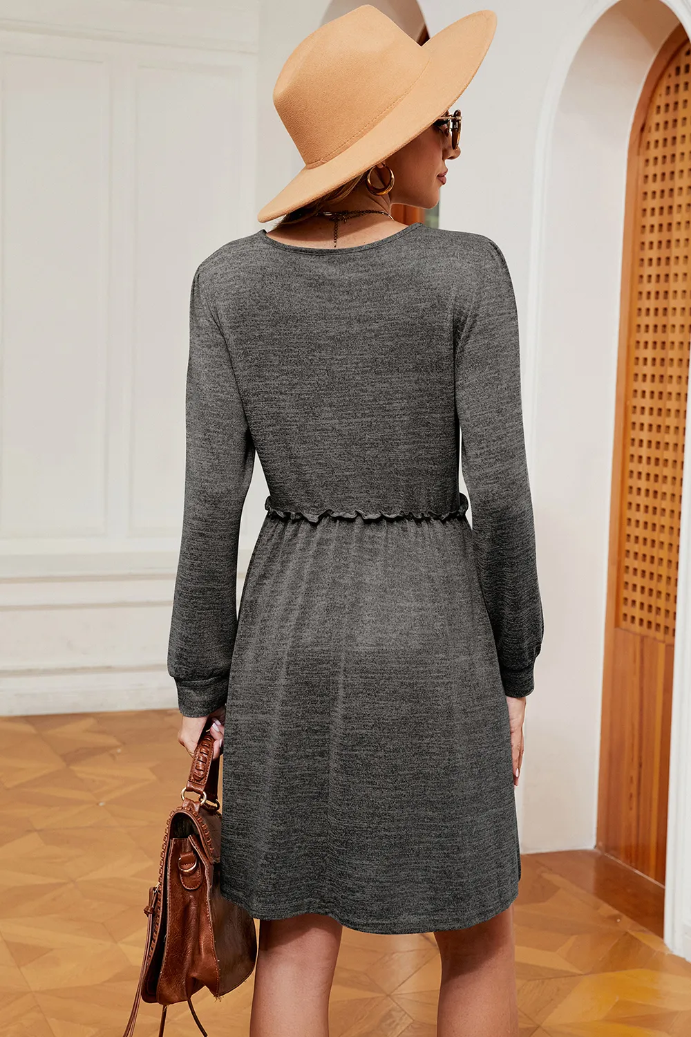 Frill Square Neck Long Sleeve Dress, image 12