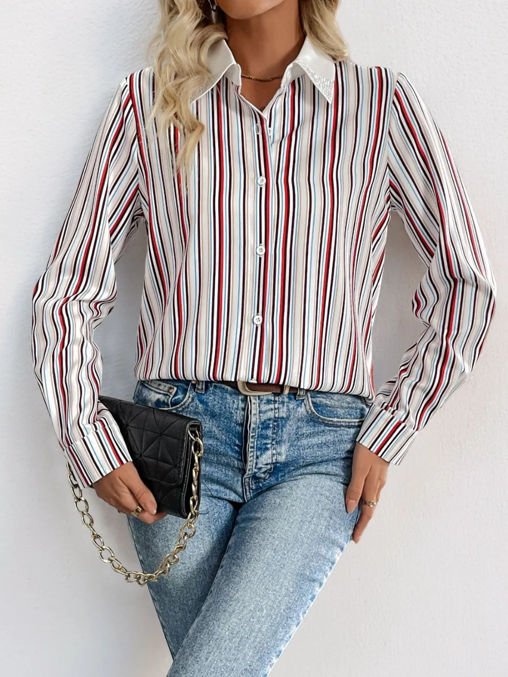 Contrast Striped Collared Neck Long Sleeve Shirt, image 2