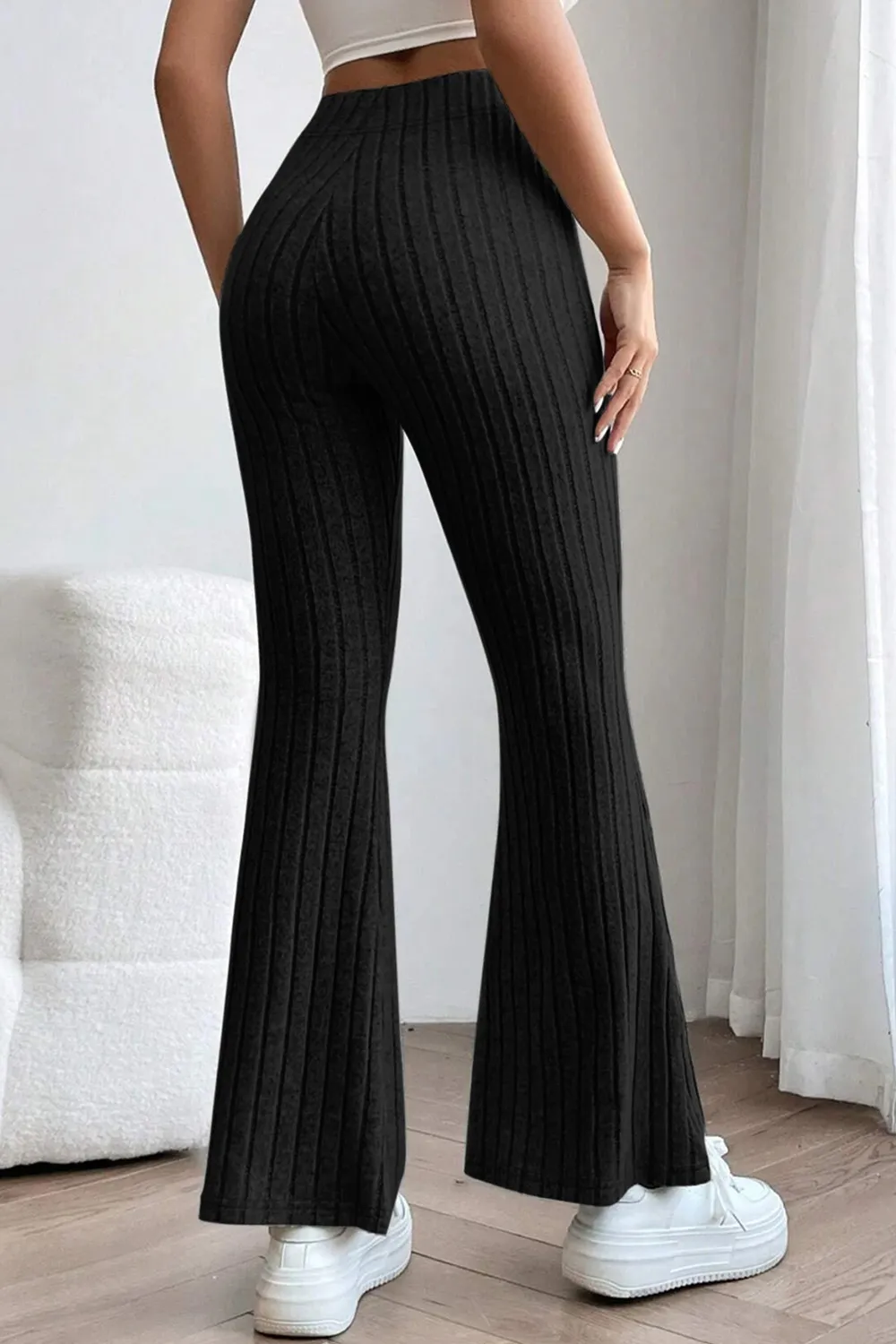 Full Size Ribbed High Waist Flare Pants, image 2