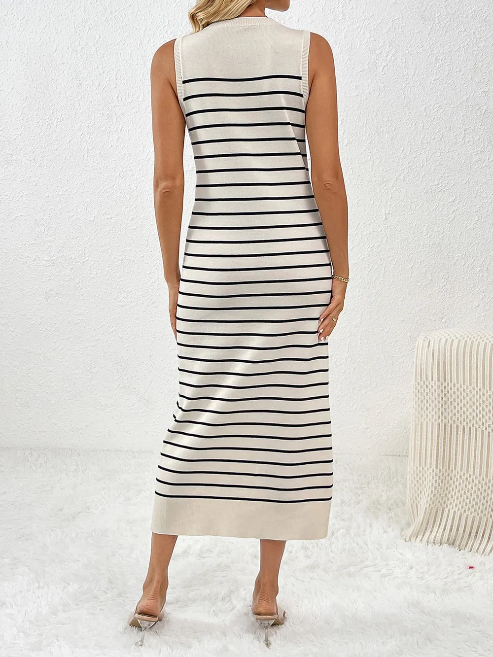 Round Neck Sleeve Midi Knit Dress, image 2