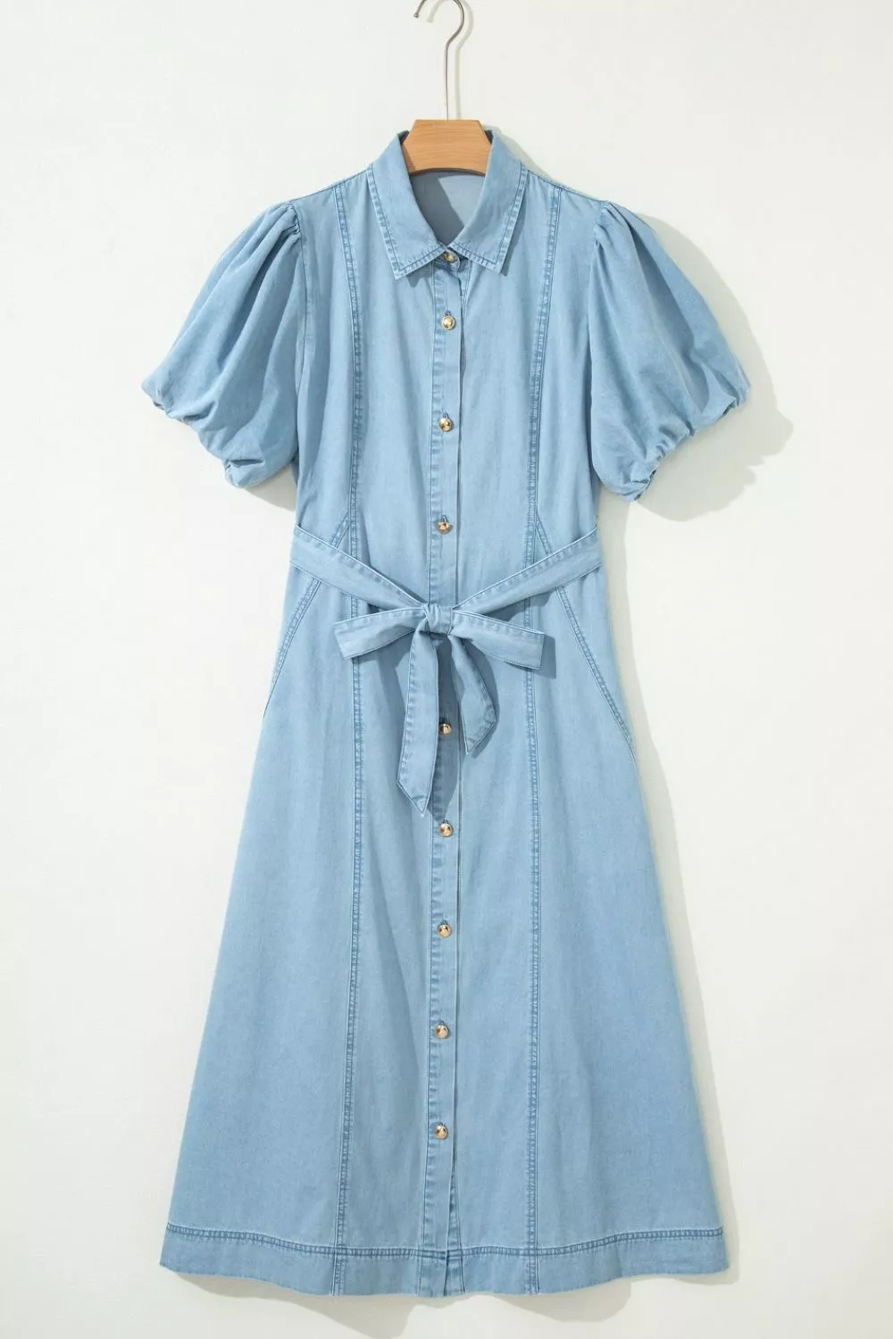 Full Buttons Collared Short Bubble Sleeve Long Denim Dress, image 8