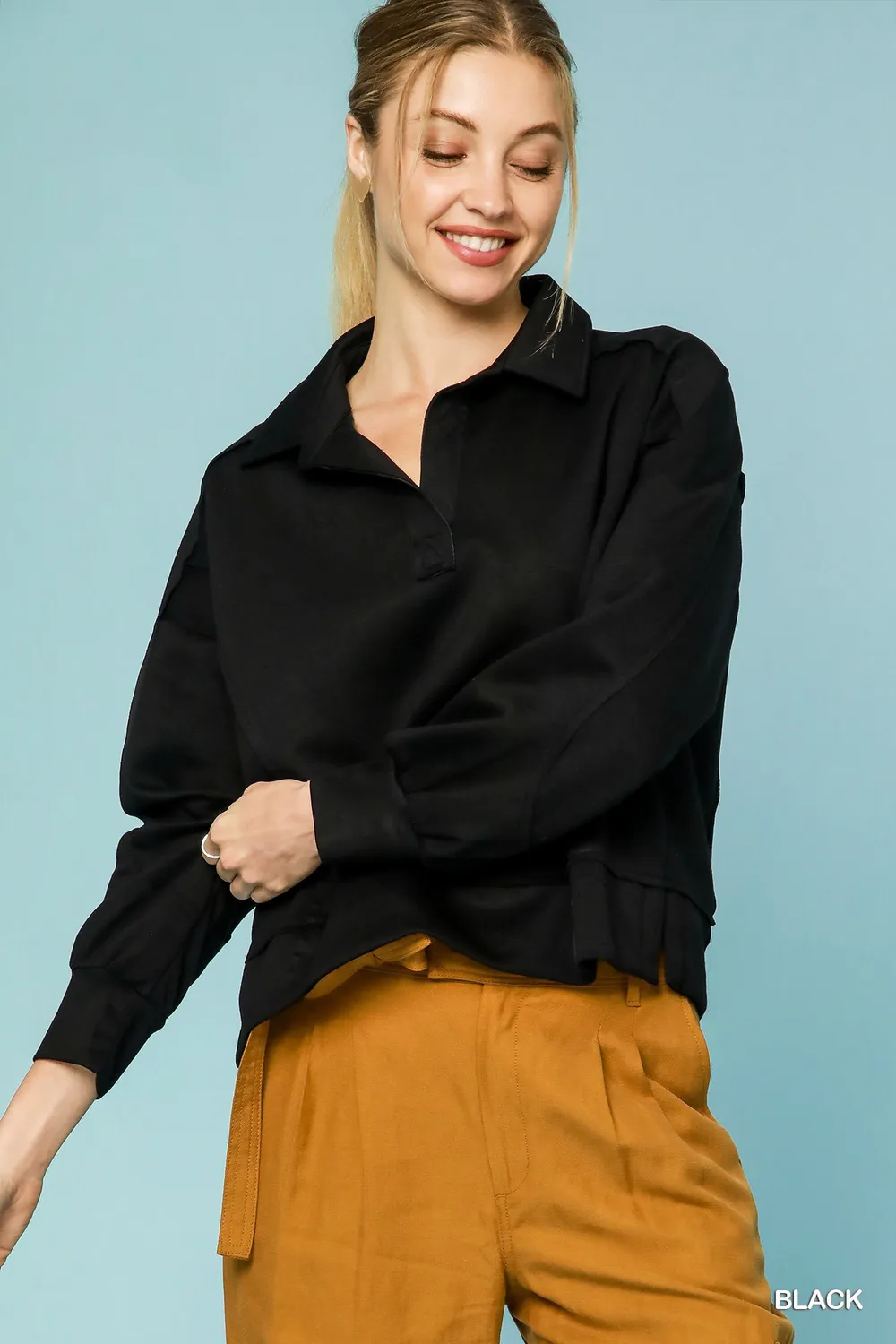 Collared Neck Long Sleeve Top with Raw Hem Detail