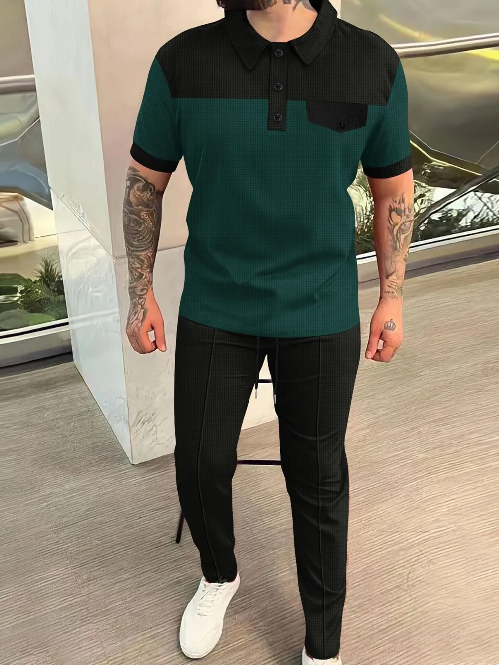 Men‘s Full Size Waffle-Knit Contrast Top and Pants Set Plus Size, image 4