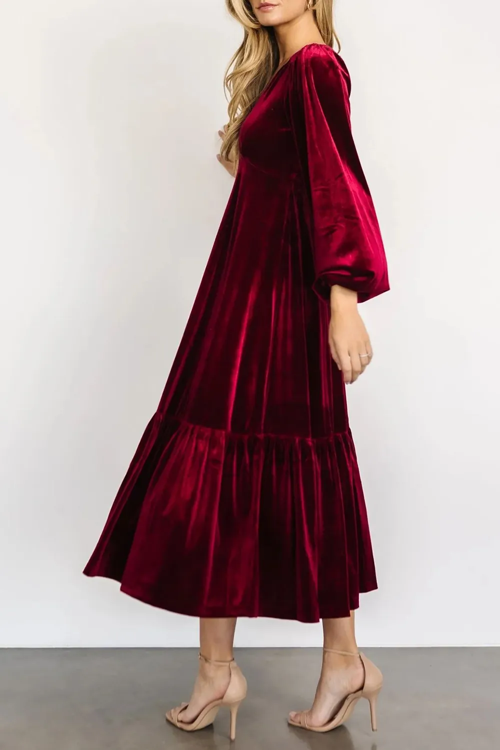 V-Neck Long Sleeve Midi Velvet Dress, image 17