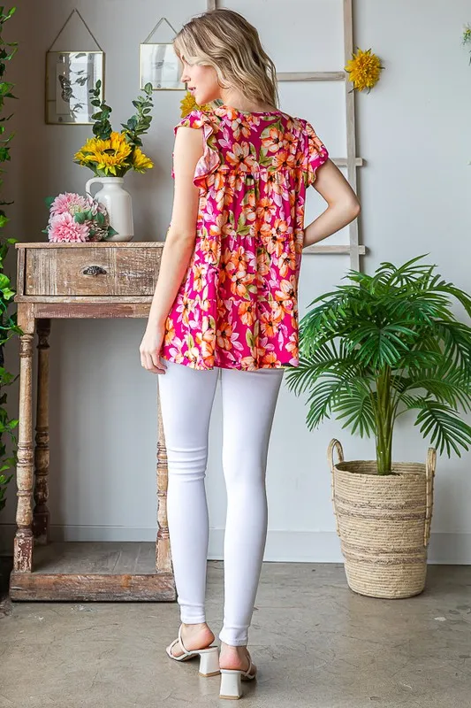 Full Size Butterfly Sleeve Floral Tiered Top Plus Size, image 14