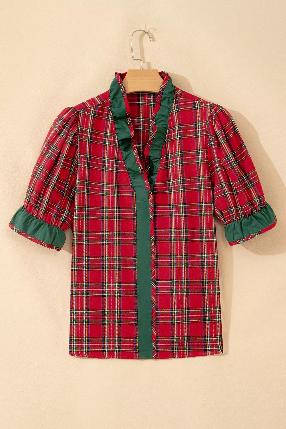 Plaid V Neck Ruffle Color Block Trim Short Sleeve Shirt, image 5