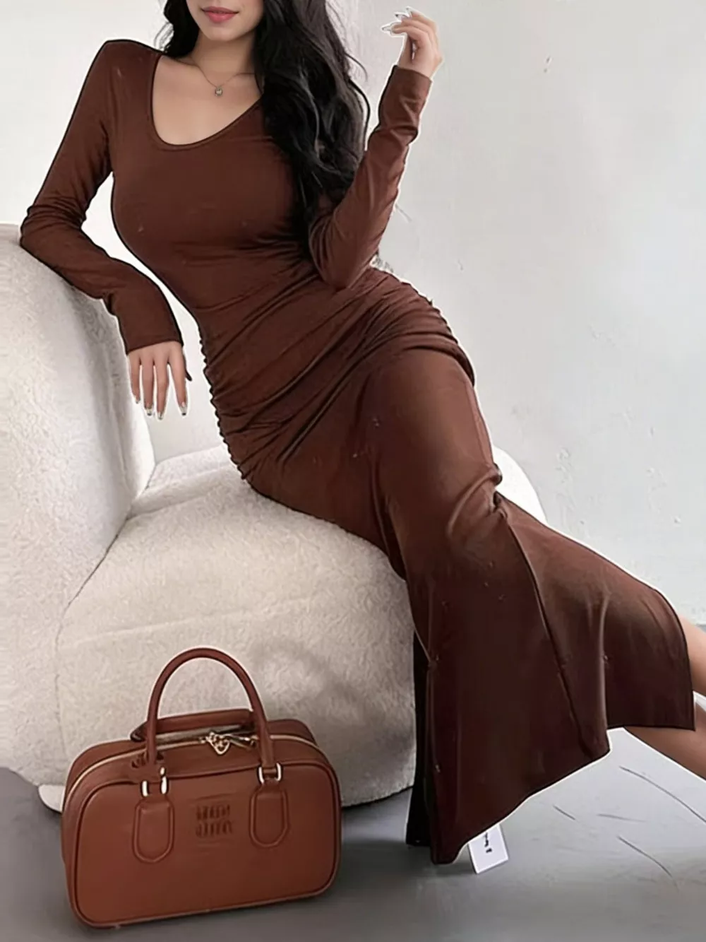 Slit Long Sleeve Bodycon Maxi Dress, image 2
