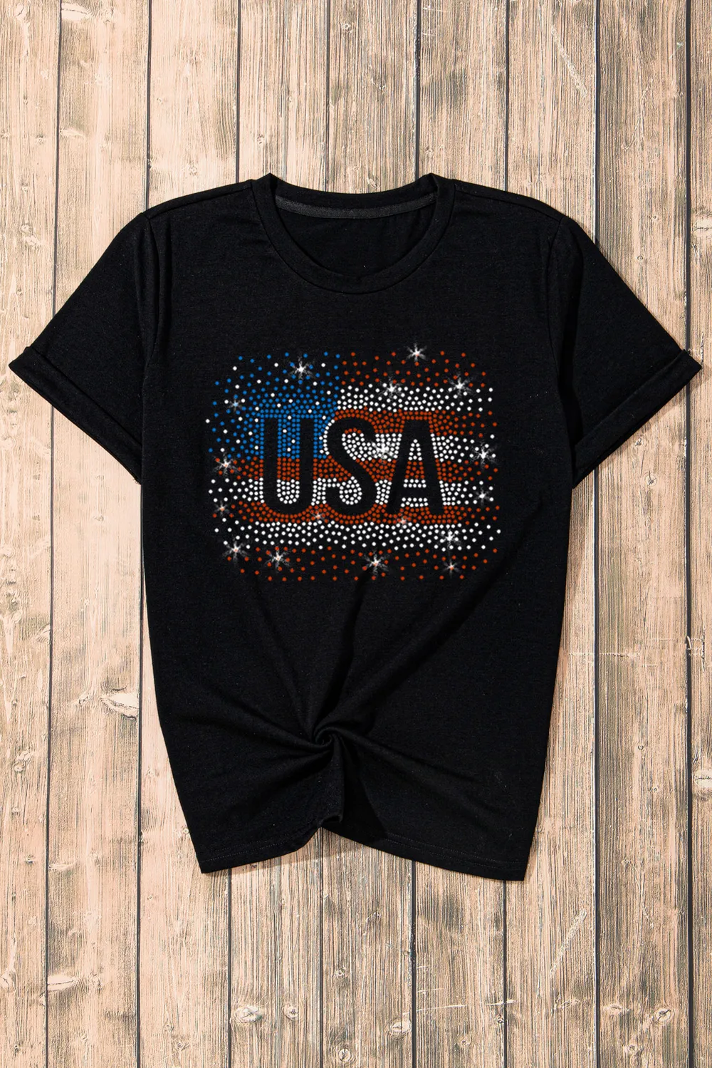 USA Rhinestone Round Neck Short Sleeve T-Shirt, image 2
