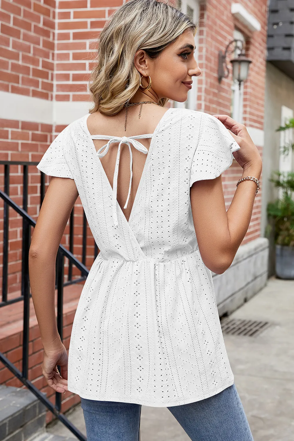 Tied Ruffled Round Neck Peplum T-Shirt, image 12