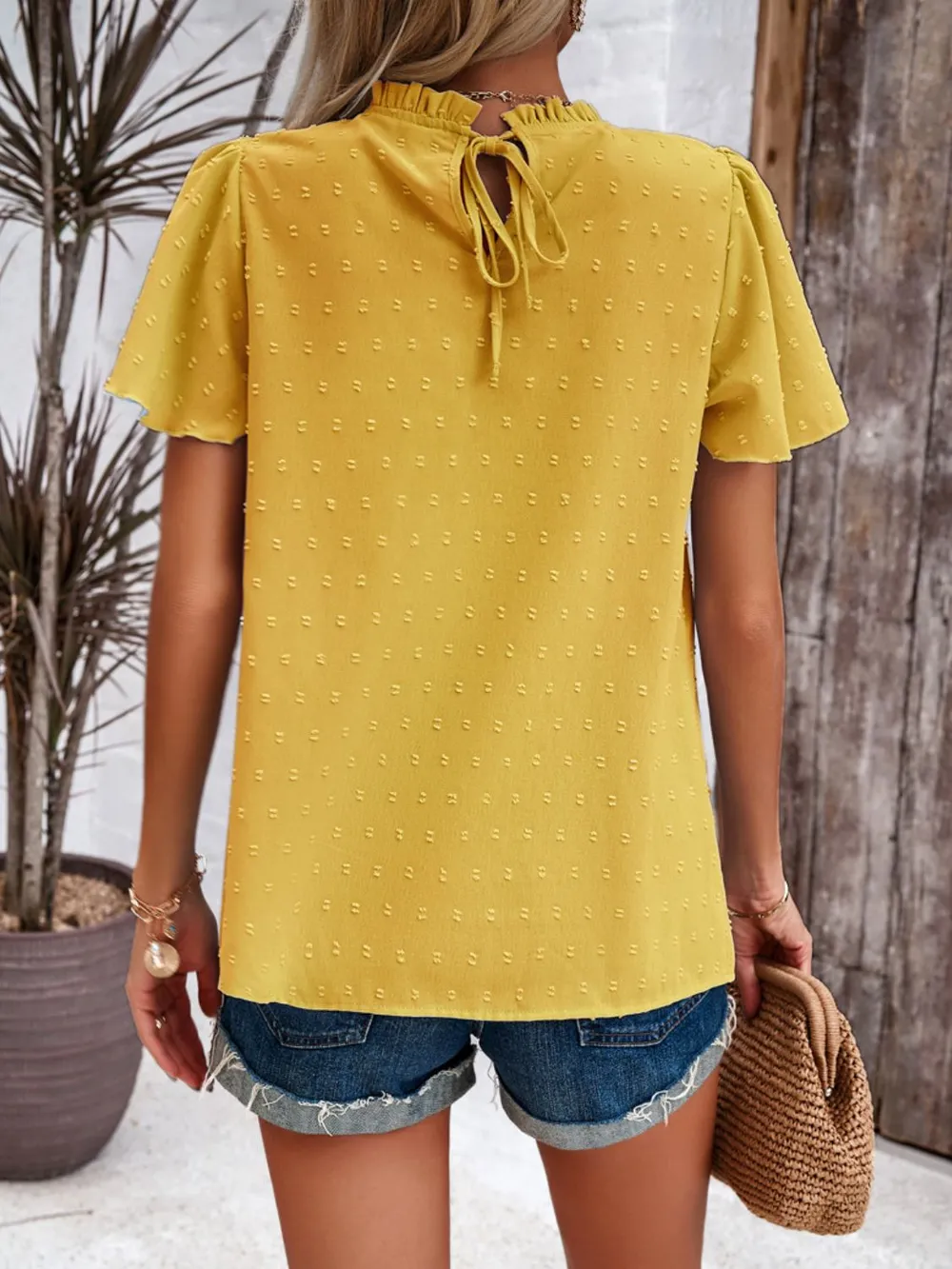 Swiss Dot Smocked Round Neck Short Sleeve Blouse, image 15