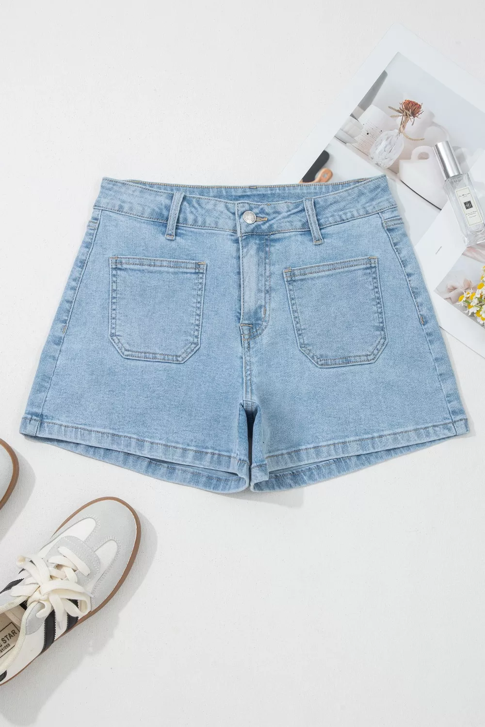 High Rise Patch Pocket Denim Shorts, image 5