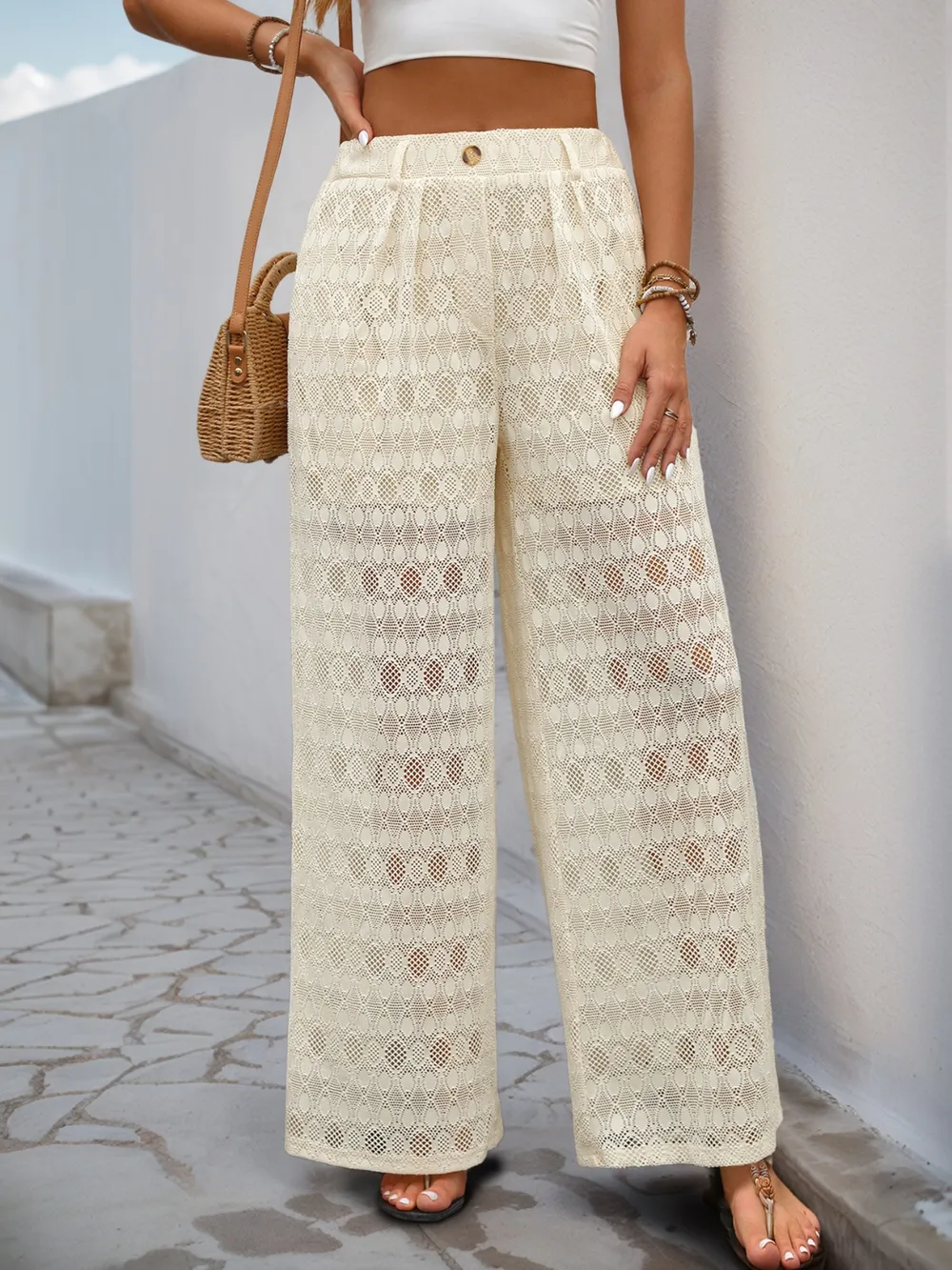 Decorative Button Wide Leg Pants, image 2
