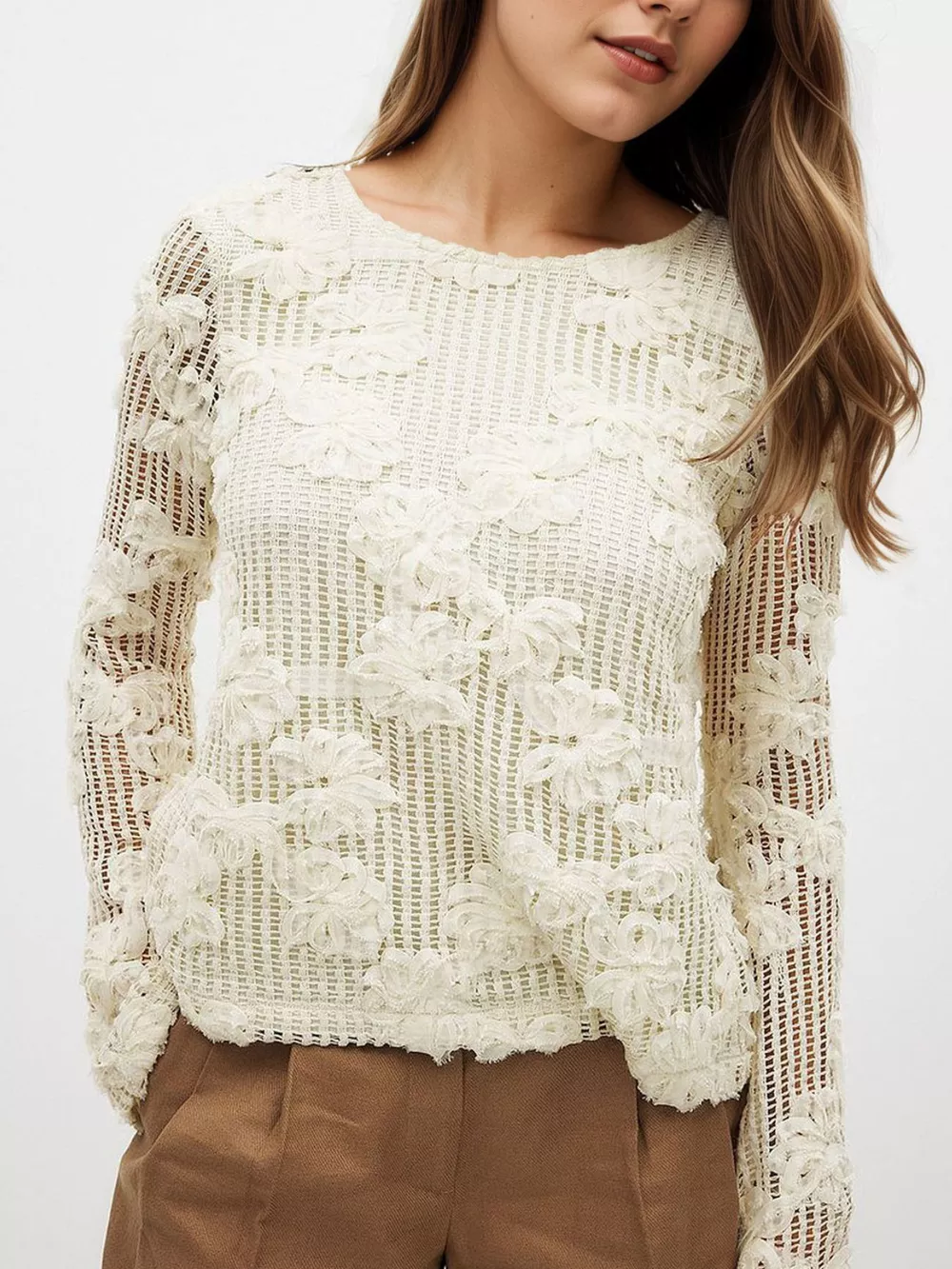 Openwork Tied Back Long Sleeve Blouse, image 4