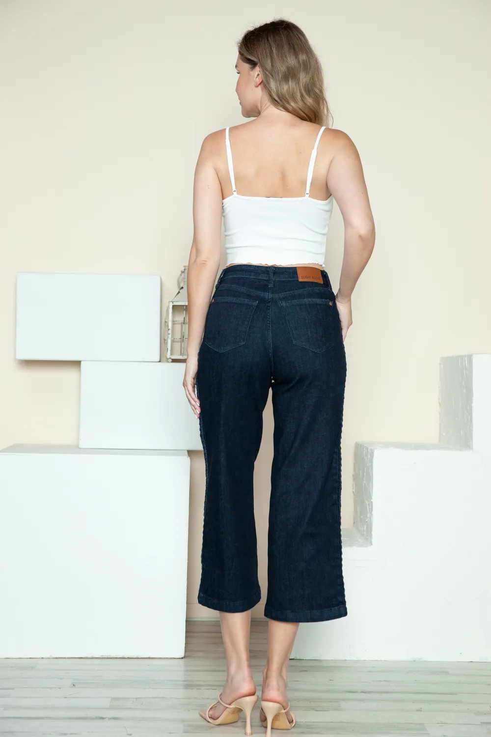 Full Size Side Seam Braid Detail Crop Wide Leg Jeans, image 2