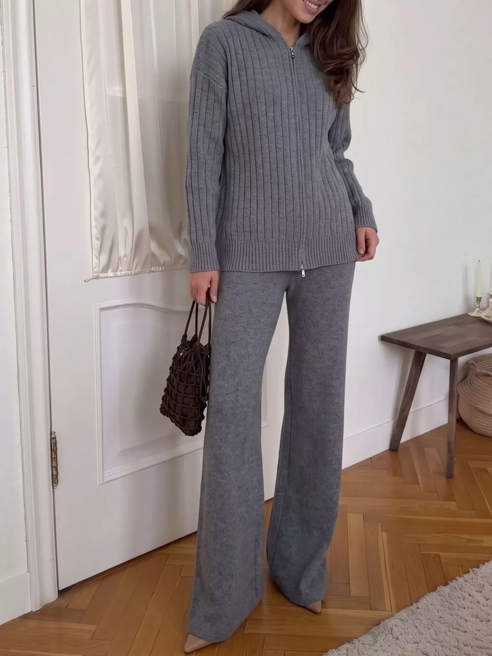 Cozy Ribbed Knit Zip-Up Hoodie and Wide-Leg Pants Sweater Set, image 8