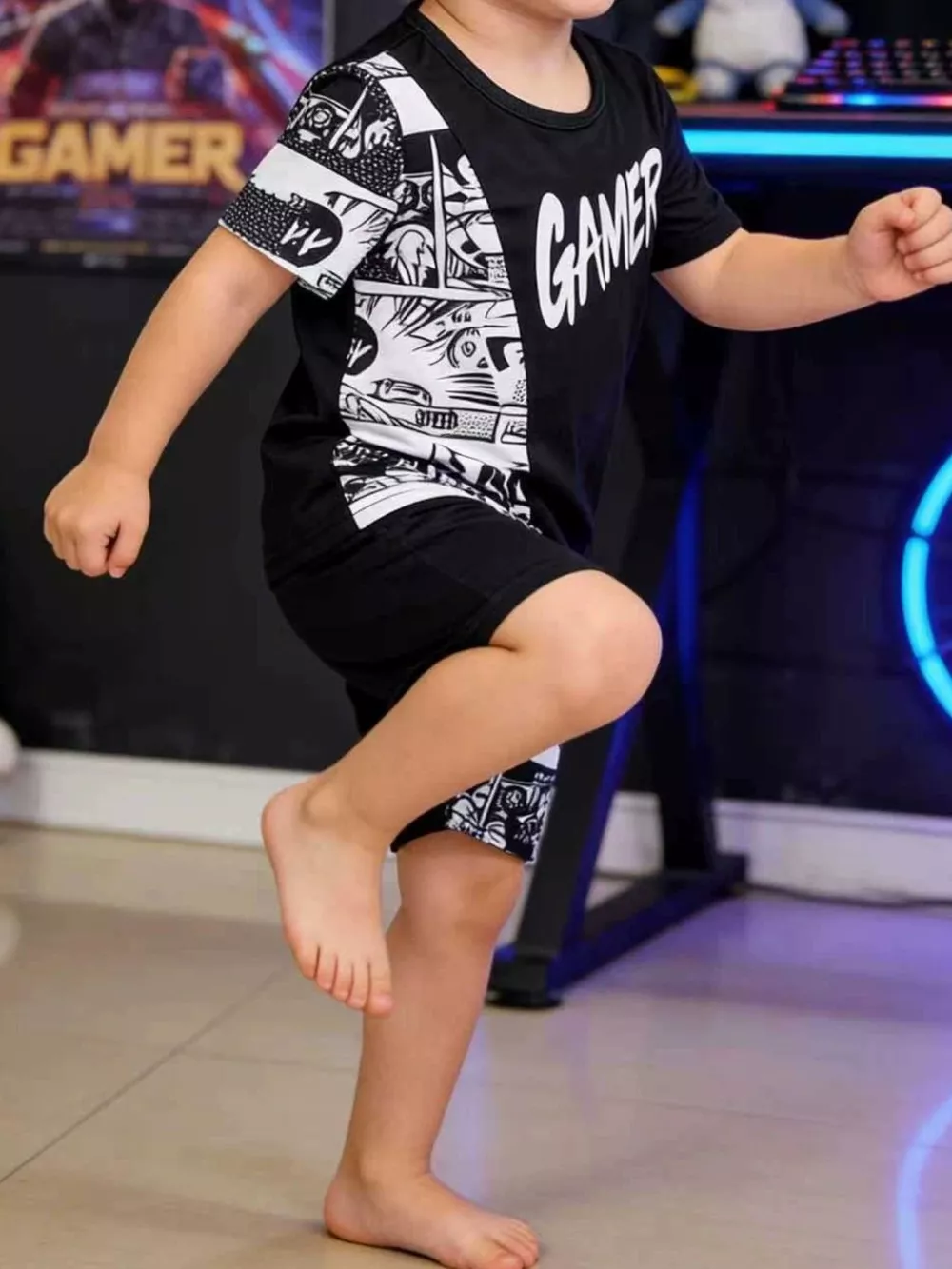 Children's Gamer Print Round Neck Tee and Shorts Set, image 3