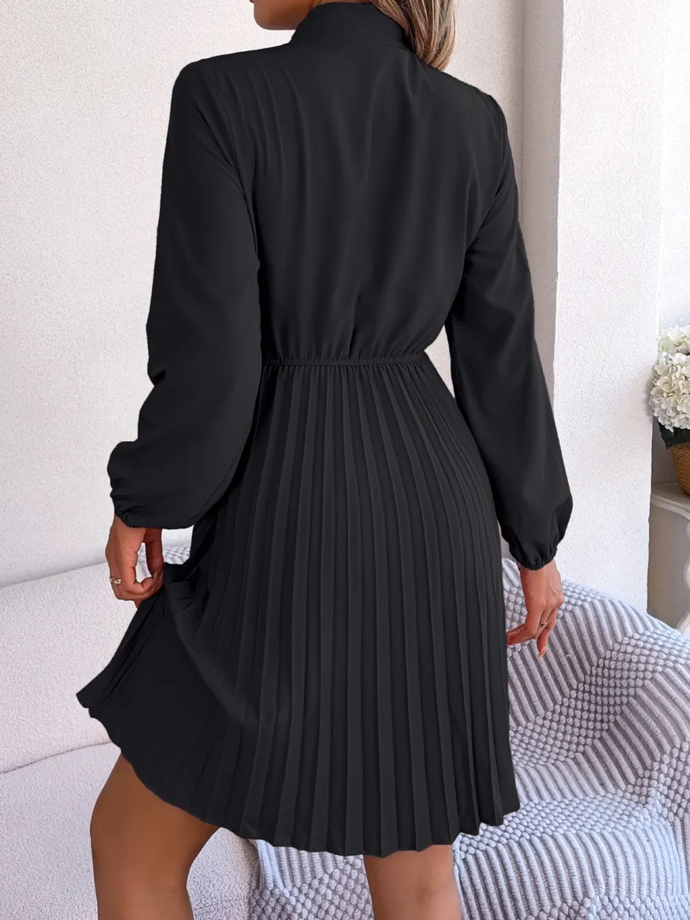 Tie Neck Balloon Sleeve Pleated Dress, image 20