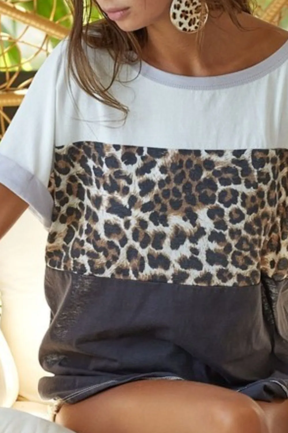 Leopard Printed Jersey Color Block Roll Up Top, image 2