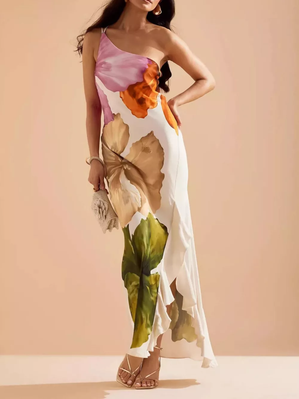 Floral Print One-Shoulder Ruffle Hem Maxi Dress, image 3