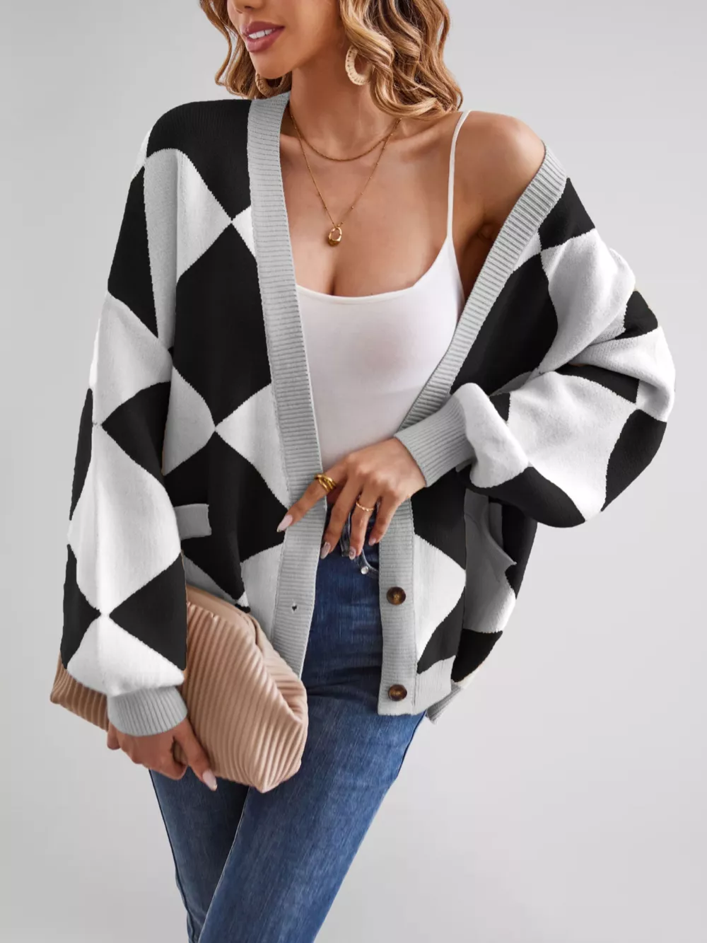 Diamond Pattern Button-Up Knit Cardigan, image 16