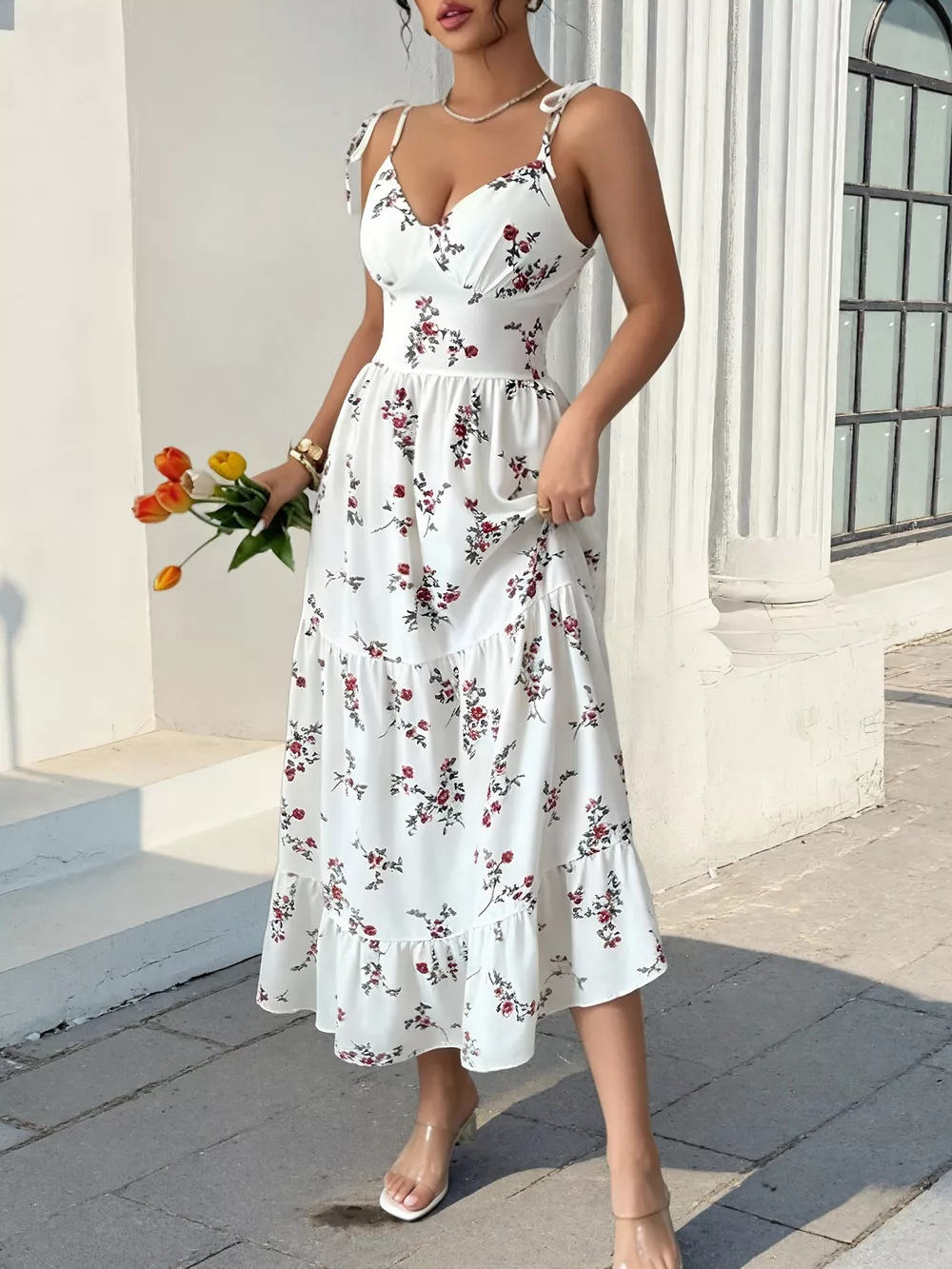 Floral Print Spaghetti Strap Tiered Midi Dress, image 2