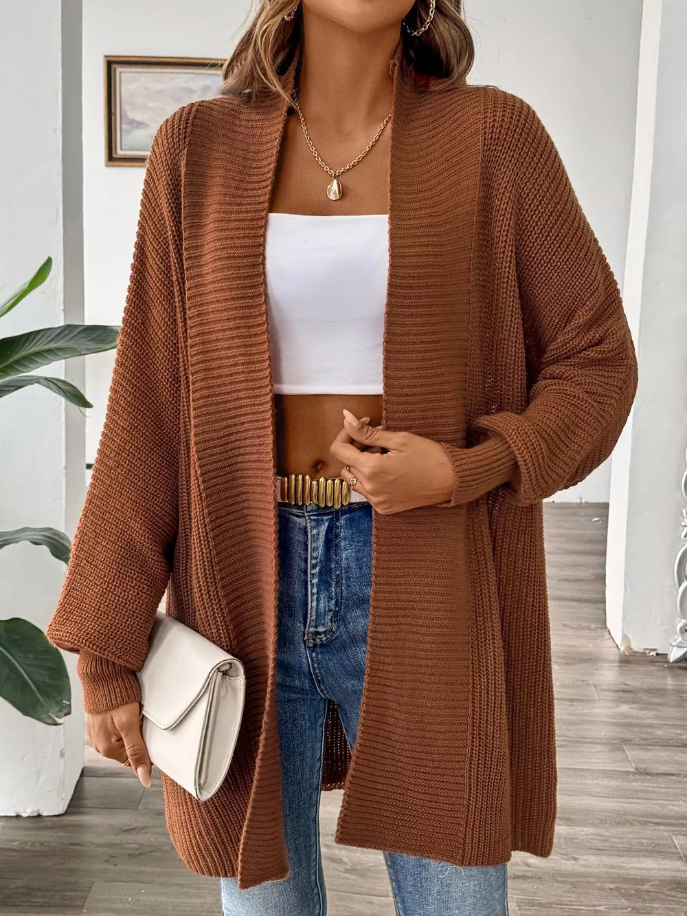 Open Front Ribbed Knit Cardigan, image 5