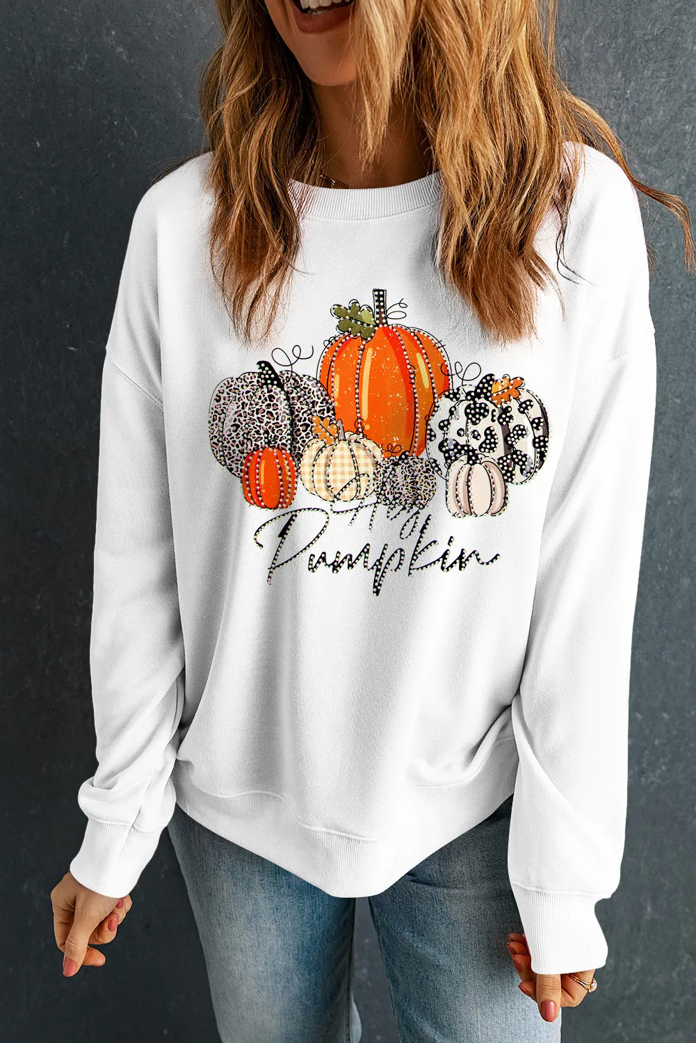 Pumpkin Graphic Round Neck Dropped Shoulder Sweatshirt, image 2
