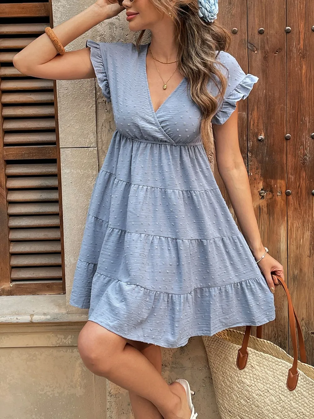 Swiss Dot Ruffled Tiered Mini Dress with Pockets, image 3