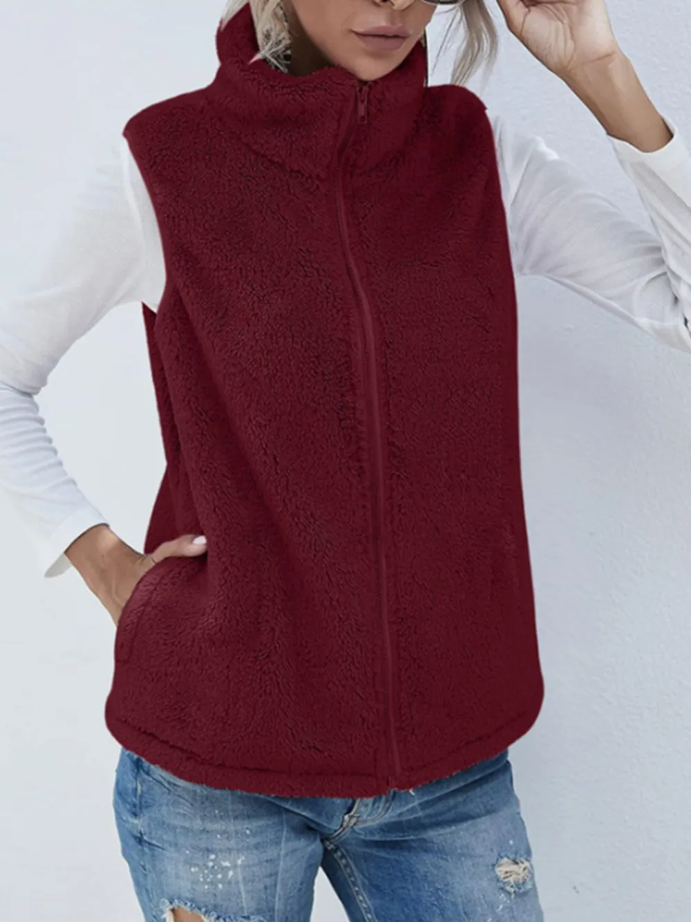Full Size Fuzzy Zip Up Vest Coat with Pockets, image 10