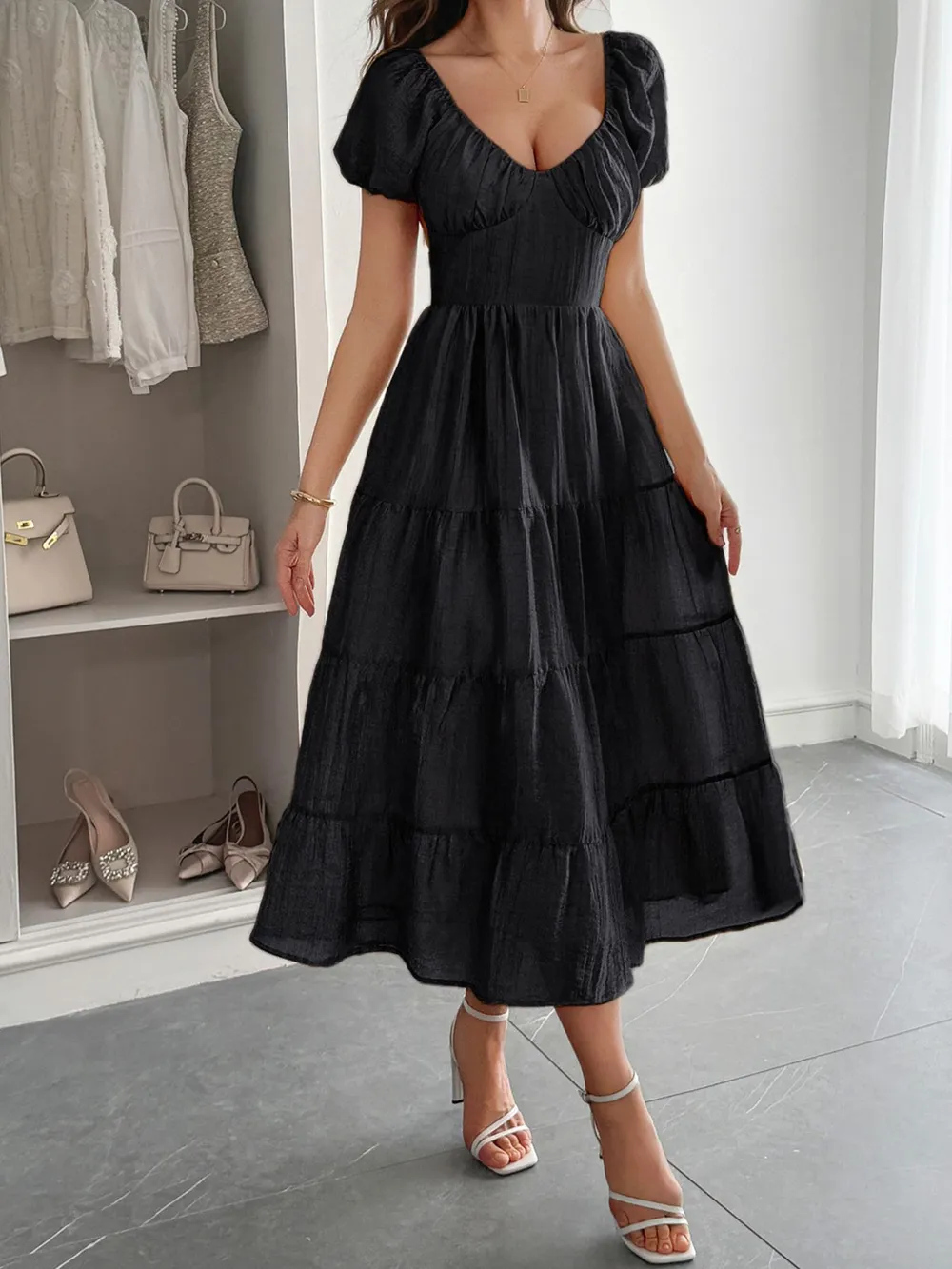 Backless Tiered Puff Sleeve Midi Dress, image 2