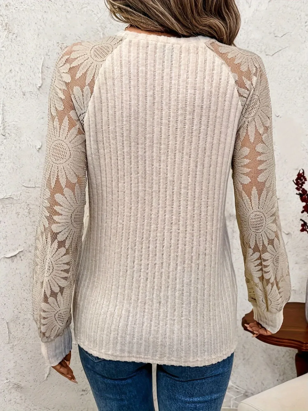 Round Neck Lace Patchwork Long Sleeve Top, image 2