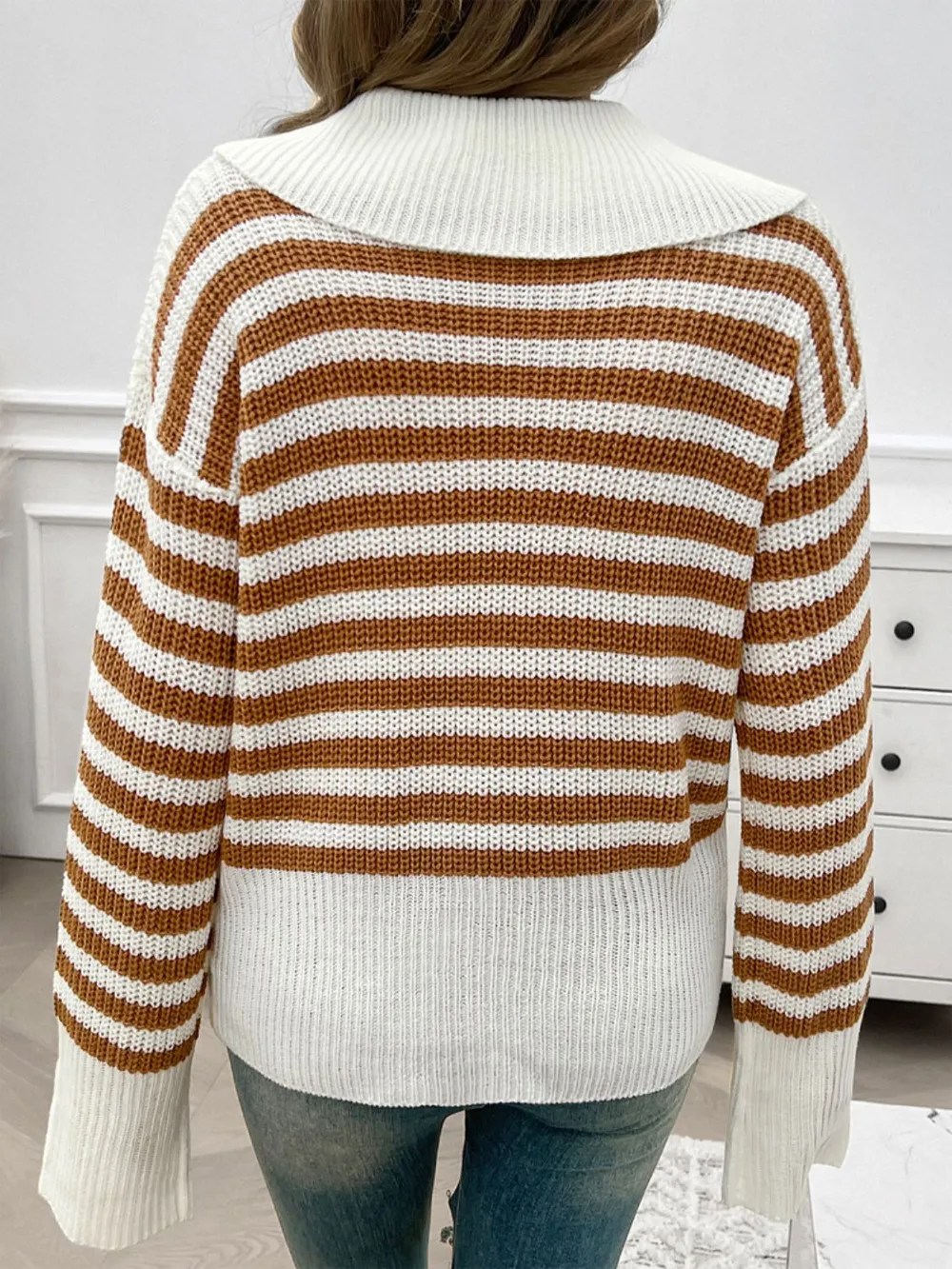 Striped Collared Neck Long Sleeve Sweater, image 3