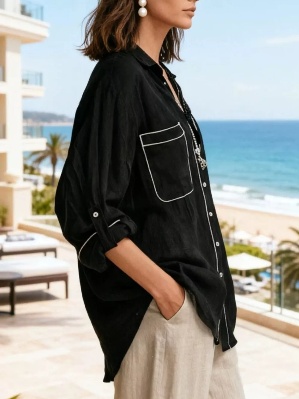 Contrast Trim Button Up Long Sleeve Shirt, image 2