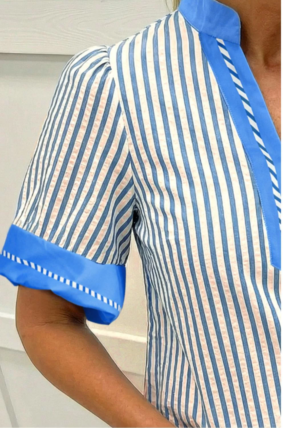 Stripe Color Block Detail V Neck Short Sleeve Blouse, image 3