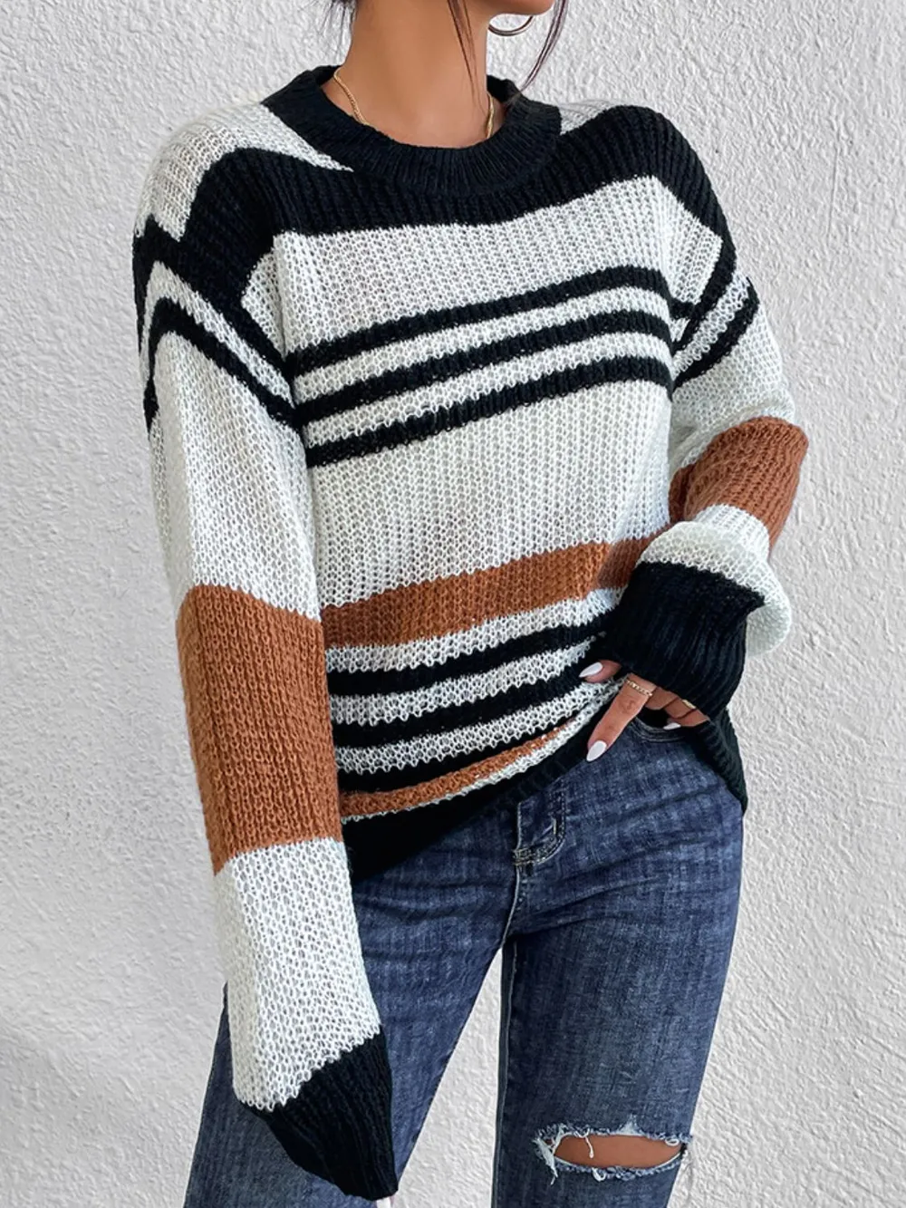 Contrast Striped Round Neck Long Sleeve Sweater, image 3