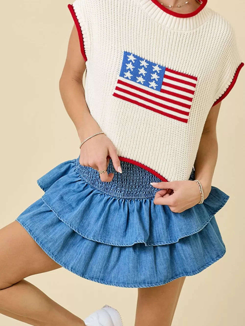 Layered Ruffle Smocked Waist Denim Skirt, image 2