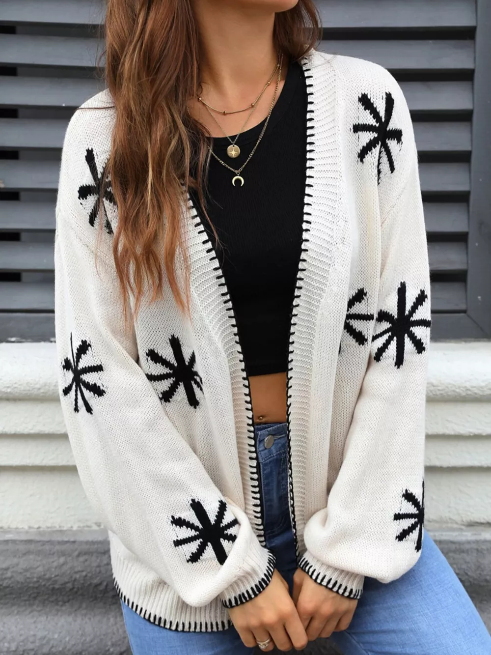 Flower Pattern Open Front Knit Cardigan, image 5