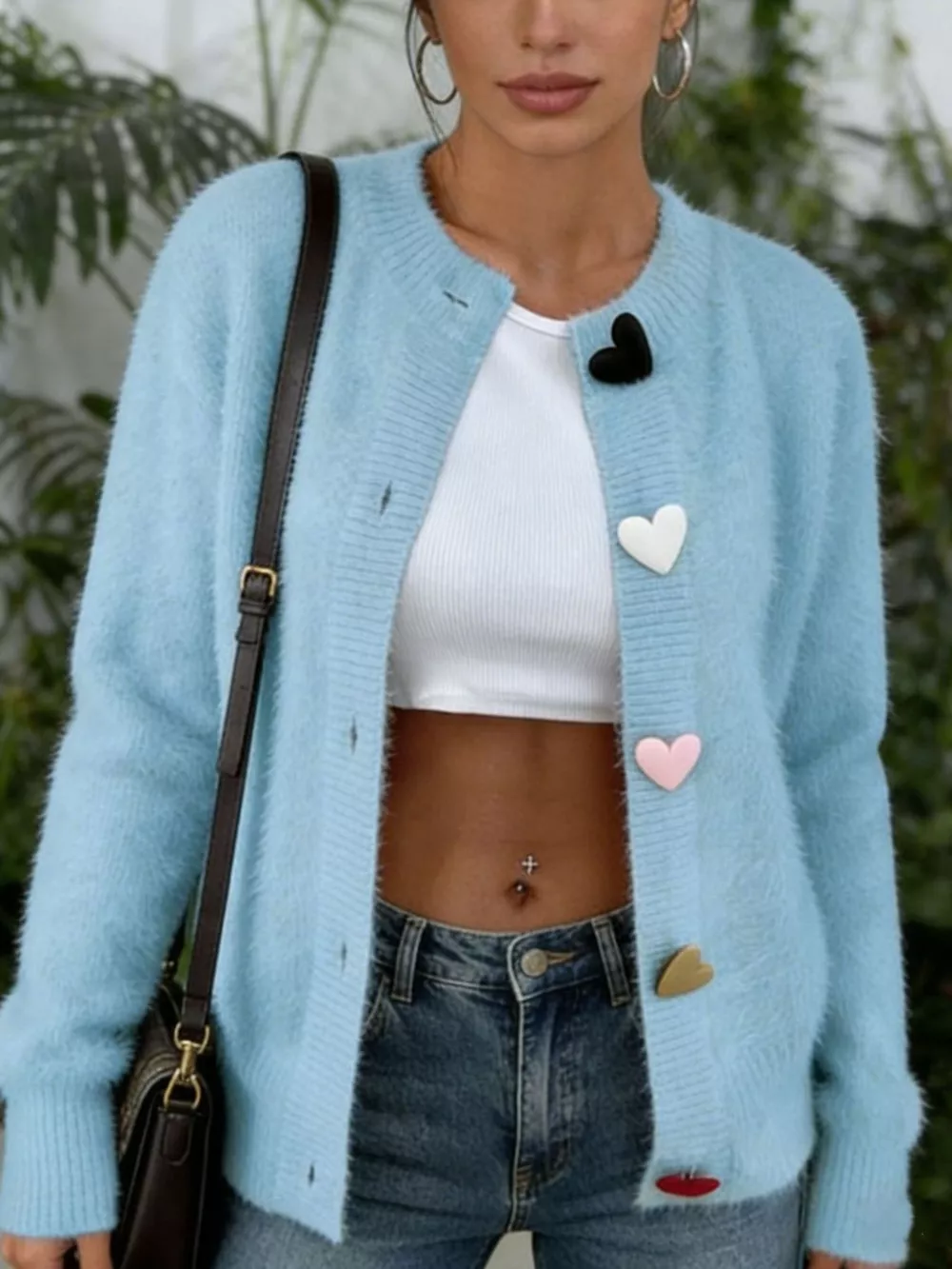 Full Size Heart Button Long Sleeve Cardigan Plus Size, image 3