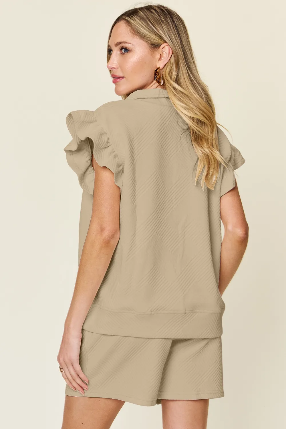 Full Size Texture Flounce Sleeve Top and Drawstring Shorts Set, image 2