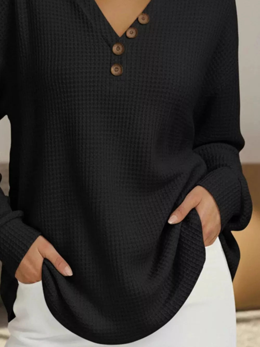 Full Size Casual Waffle Knit V-Neck Long Sleeve T-Shirt Plus Size, image 3