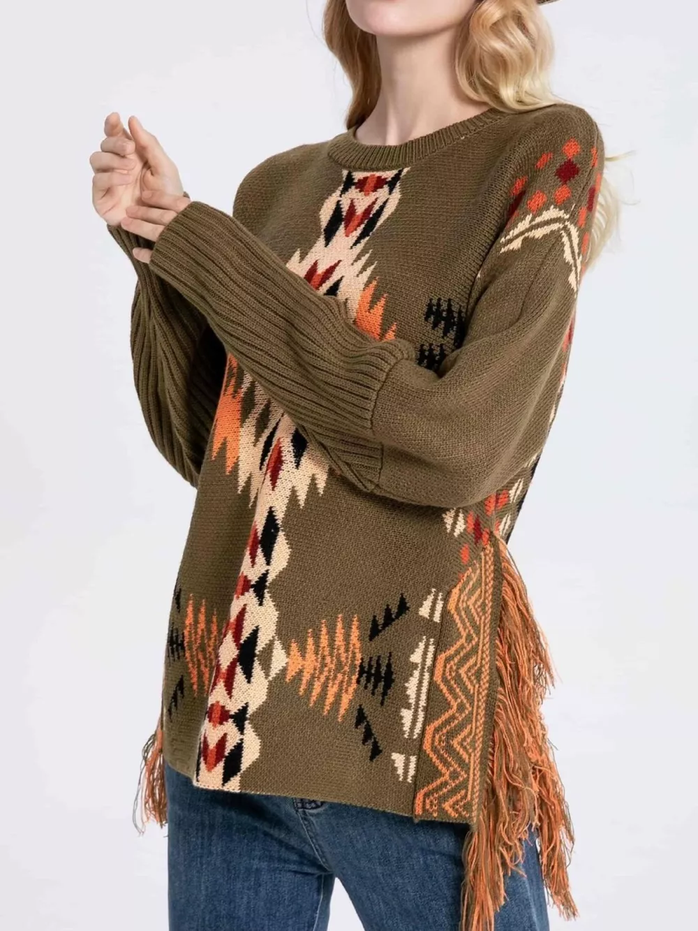 Geometric Pattern Fringe Sweater, image 3