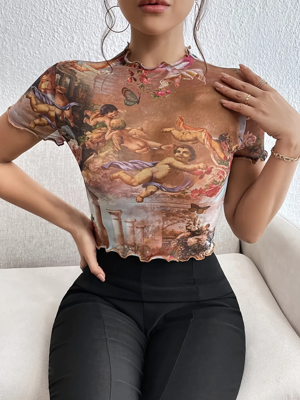 Abstract Print Ruffled Mock Neck Crop T-Shirt, image 30