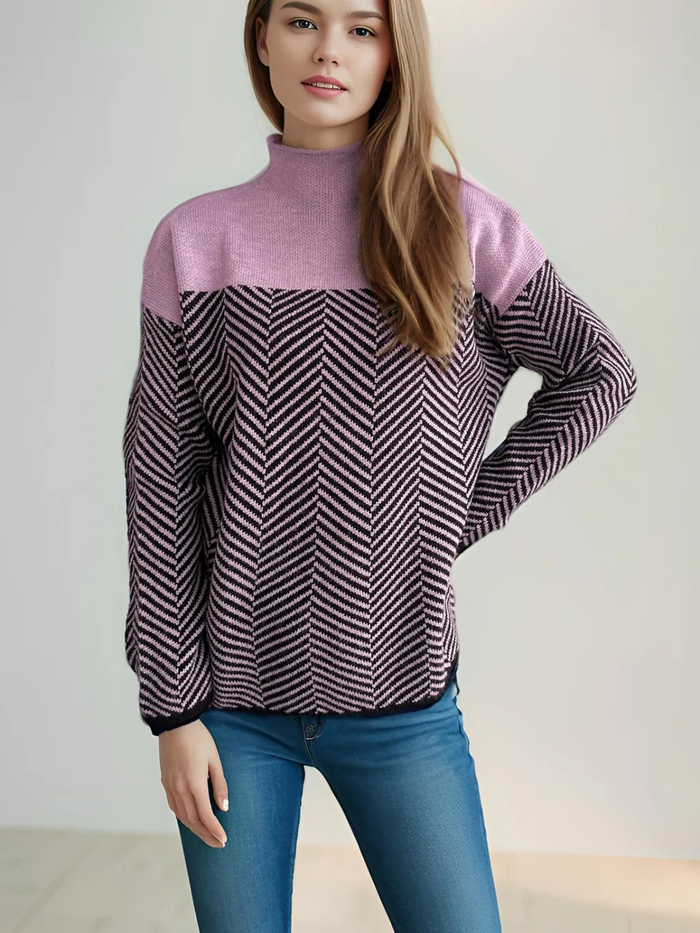 Contrast Turtleneck Long Sleeve Sweater, image 11