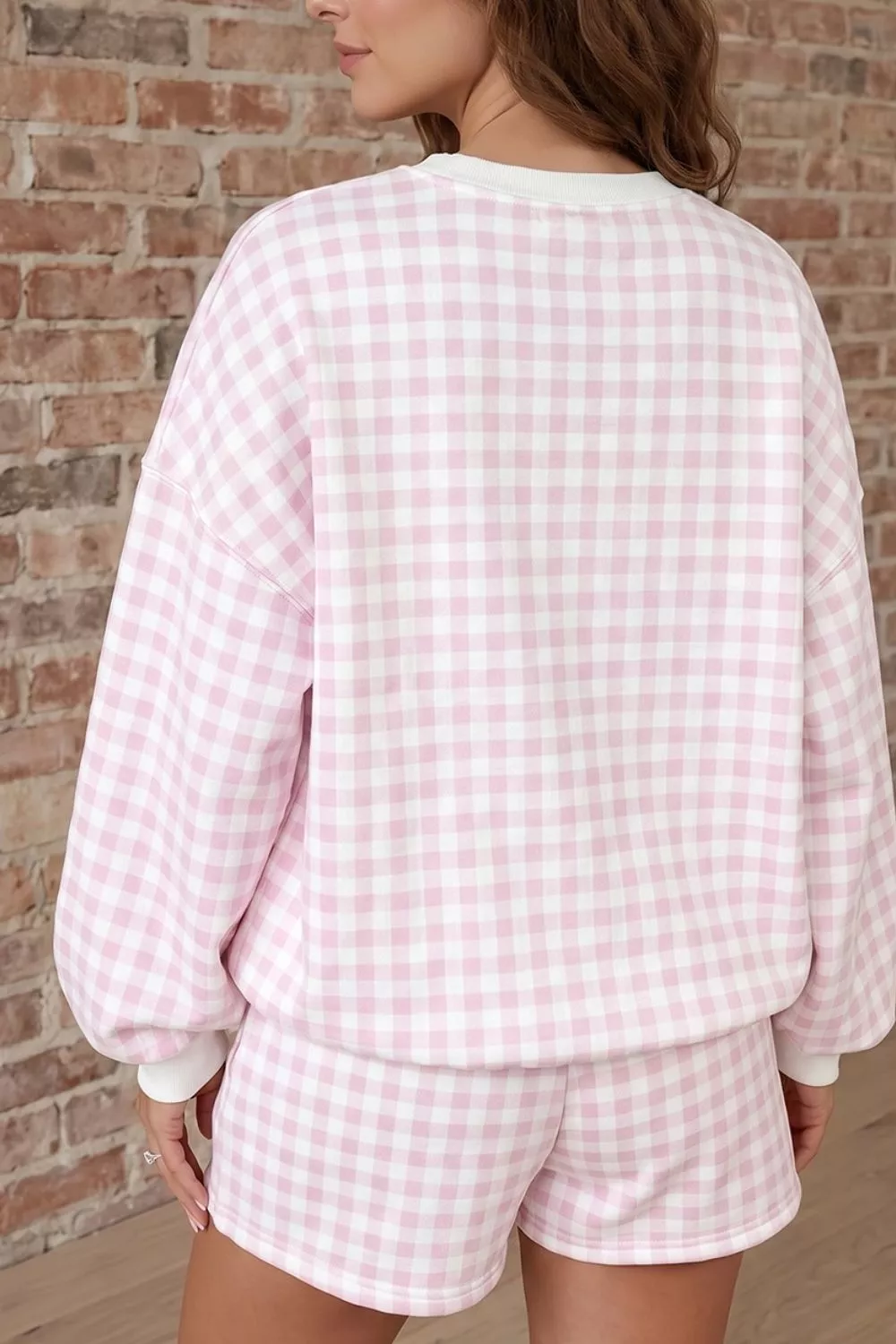Gingham Long Sleeve Sweatshirt and Shorts Set, image 2